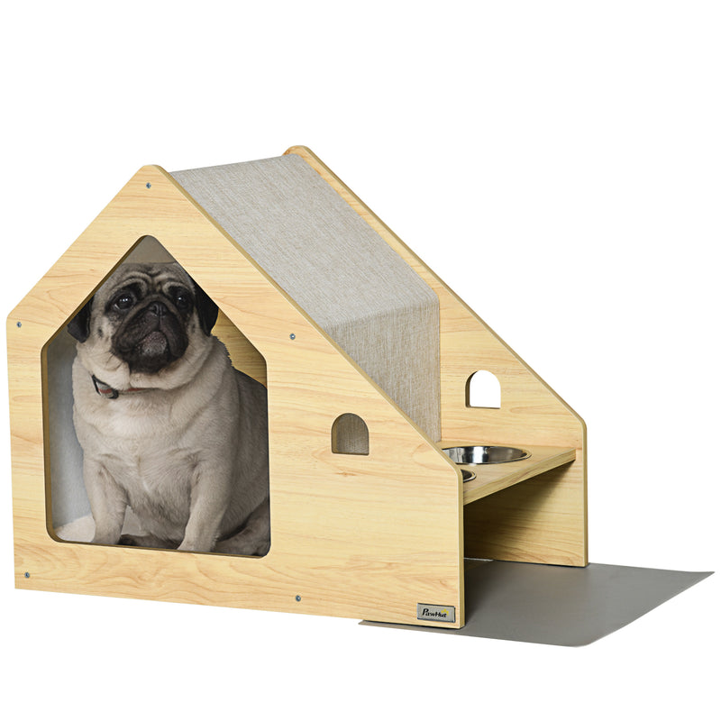 Casa para Cães de Madeira Casa de Interior para Cães com Comedouro 2 Tigelas de Aço Inoxidável e Almofada Suave Removível 62x40x54cm Carvalho e Cinza