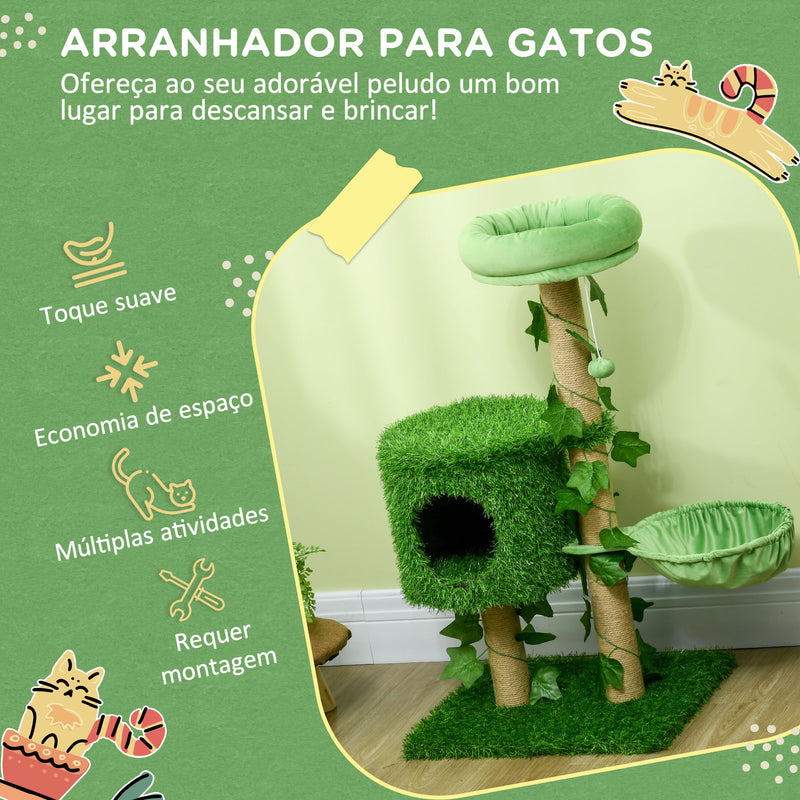 Árvore Arranhador para Gatos 91 cm Torre para 1-2 Gatos com Caverna Cama Rede Poste de Juta e Bola Suspensa 50x40x91 cm Verde