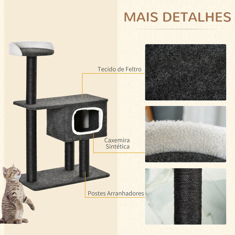 Árvore para Gatos Torre de Escalada para Gato com Caverna Várias Plataformas e Postes Arranhadores de Sisal Natural Centro de Atividades 70x41x112cm Cinza Escuro