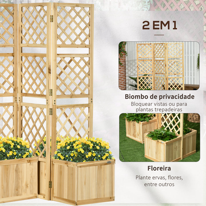 Biombo Exterior com 3 Painéis de Madeira e 4 Floreiras Ecrã de Privacidade de Jardim com Floreira Orifícios de Drenagem Separador de Ambientes para Varanda Pátio 133x62x165cm Madeira