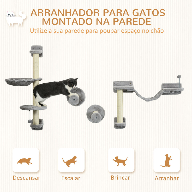 Prateleiras de Escalada para Gatos de Parede Conjunto de Prateleiras para Gatos 4 Peças com Rede Bola Plataformas de Saltar Poste de Sisal e Escada 84,5x19x54 cm Cinza e Bege