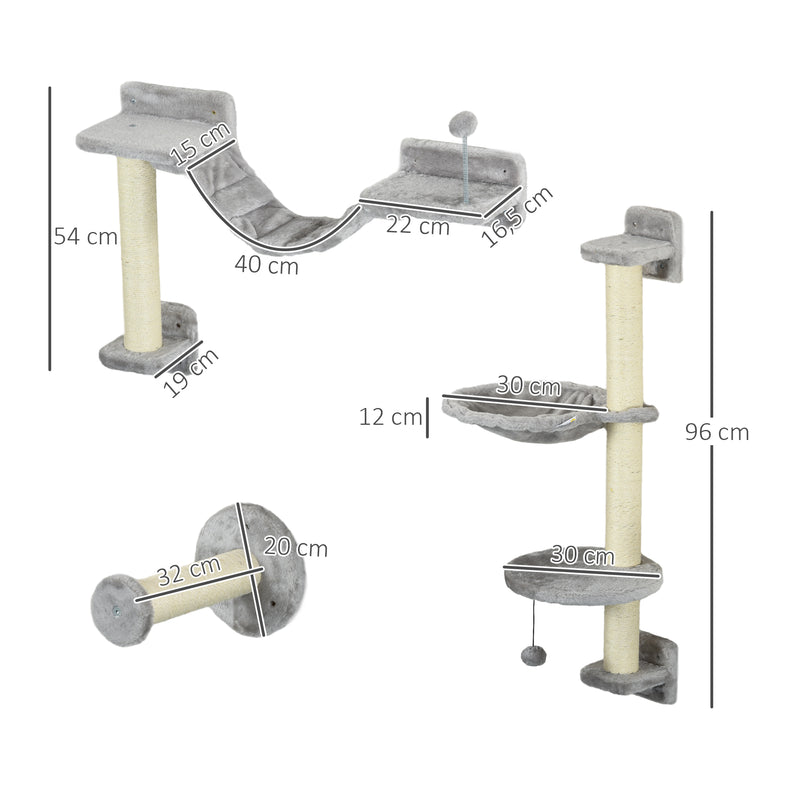 Prateleiras de Escalada para Gatos de Parede Conjunto de Prateleiras para Gatos 4 Peças com Rede Bola Plataformas de Saltar Poste de Sisal e Escada 84,5x19x54 cm Cinza e Bege