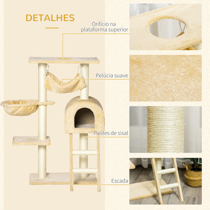 Árvore para Gatos Arranhador com Poste Ninho Cesta Rede Plataforma Casa e Escada de Veludo e Sisal Natural 54x29,5x98 cm Bege