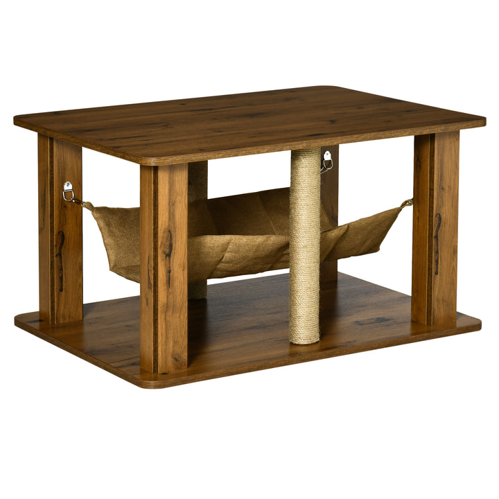 Mesa Auxiliar Mesa de Café com Rede 2 Postes de Arranhar de Juta e Prateleira Inferior de Armazenamento 79x59x45,5cm Marrom