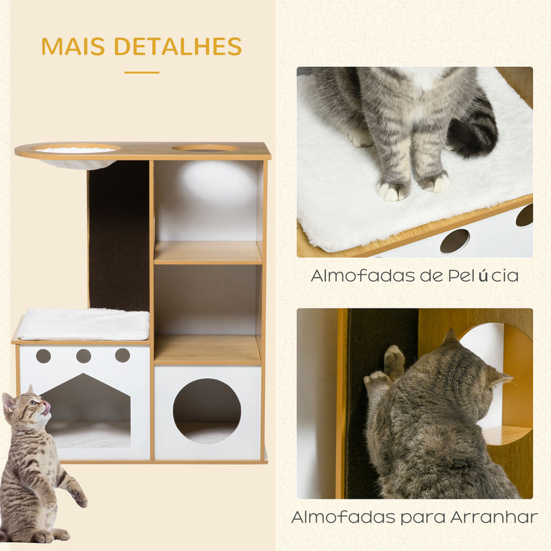 Casa para Gatos de Madeira 92,5cm Torre para Gatos com 2 Cavernas Arranhador Rede e Almofadas de Pélucia 76x37x92,5 cm Carvalho e Branco