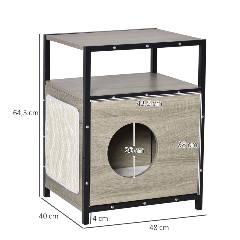 Casa para Gatos de Madeira com Aparência de Mesa Auxiliar Caverna com Almofada Extraível Porta com Orifício e Tapete Arranhador 48x40x64,5cm Carvalho Cinza