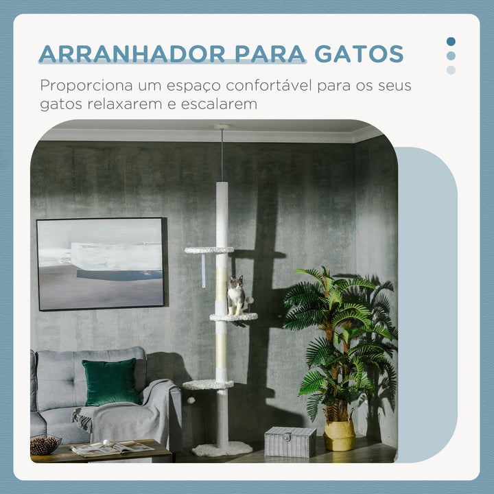 Arranhador para Gatos de 255 cm Torre para Gatos do Chão ao Teto com Altura Ajustável 3 Plataformas em Forma de Nuvem Poste de Arranhar e Bolas Suspensas 48x32x225-255 cm Branco