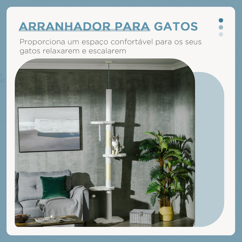 Arranhador para Gatos de 255 cm Torre para Gatos do Chão ao Teto com Altura Ajustável 3 Plataformas em Forma de Nuvem Poste de Arranhar e Bolas Suspensas 48x32x225-255 cm Branco