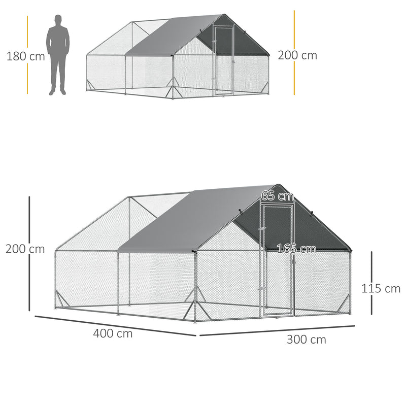 Galinheiro de Exterior Grande 3x4x2m Gaiola para 8-12 Galinhas de Aço Galvanizado com Teto de PE e Fechadura para Coelhos Prata