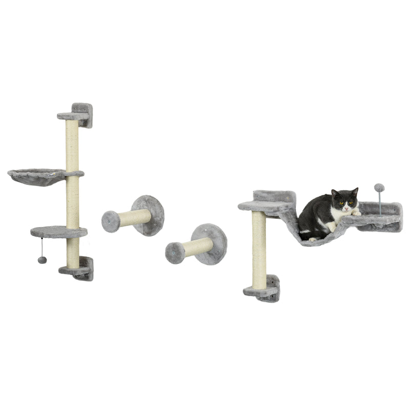 Prateleiras de Escalada para Gatos de Parede Conjunto de Prateleiras para Gatos 4 Peças com Rede Bola Plataformas de Saltar Poste de Sisal e Escada 84,5x19x54 cm Cinza e Bege