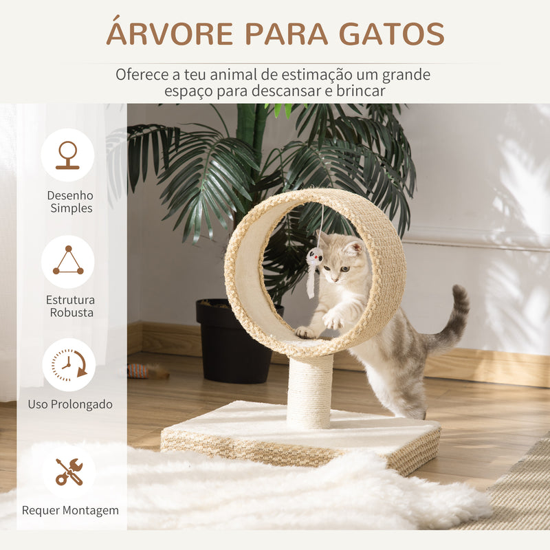 Árvore para Gatos Pequenos Torre de Arranhar de Gato com Túnel Superior Poste Arranhador de Juta Natural e Brinquedo Suspenso 61x41x50cm Bege