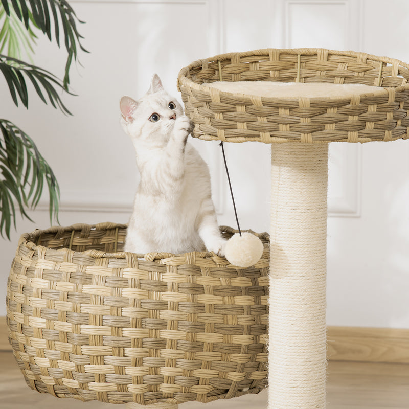 Árvore para Gatos Médios com Cama Superior Cesto de Vime Sintético com Almofadas Postes Arranhadores de Sisal Natural e Bola Suspensa de Brinquedo 54x40x70cm Bege