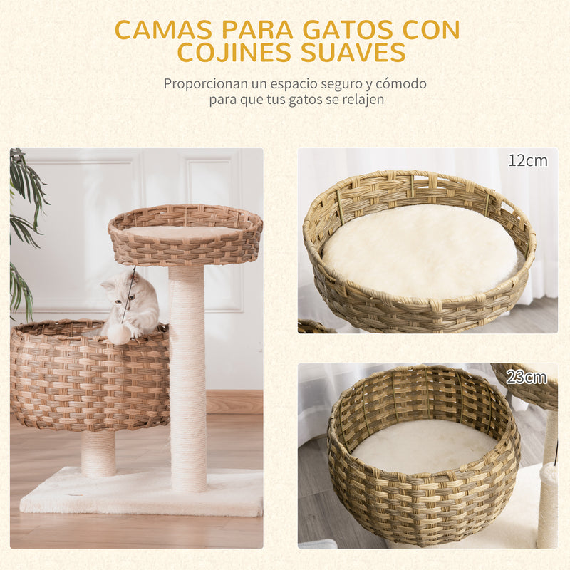 Árvore para Gatos Médios com Cama Superior Cesto de Vime Sintético com Almofadas Postes Arranhadores de Sisal Natural e Bola Suspensa de Brinquedo 54x40x70cm Bege