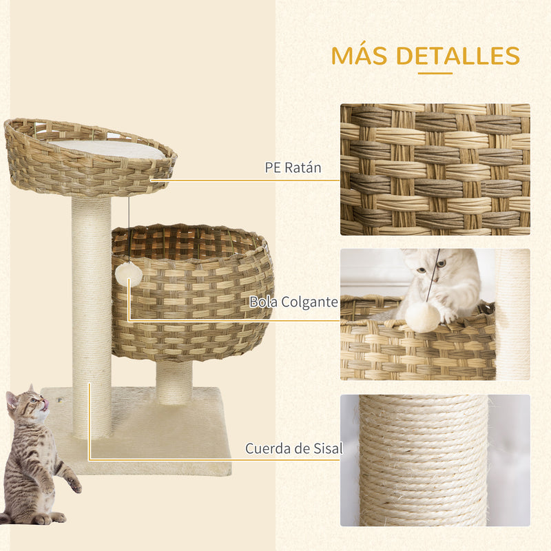 Árvore para Gatos Médios com Cama Superior Cesto de Vime Sintético com Almofadas Postes Arranhadores de Sisal Natural e Bola Suspensa de Brinquedo 54x40x70cm Bege