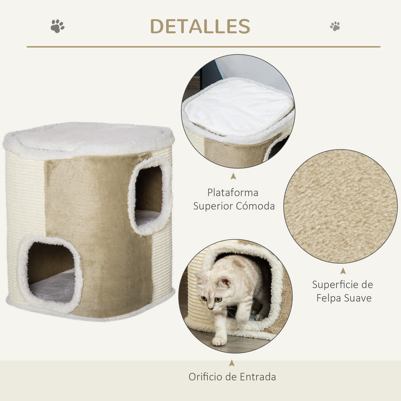 Barril Arranhador para Gatos de 2 Níveis com Caverna de Sisal Pelúcia Suave e Plataforma de Velo 40x40x49cm Bege