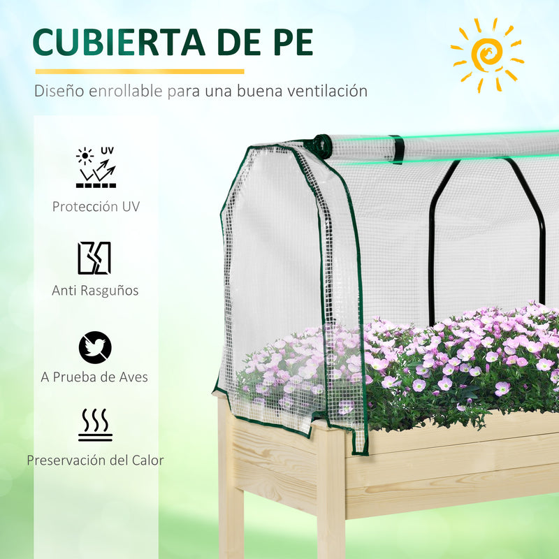 Horta Urbana Elevada de Madeira 121x55x117cm com Cobertura de Proteção Mesa de Jardinagem para Cultivo Flores Vegetais em Jardim Terraço Madeira Natural