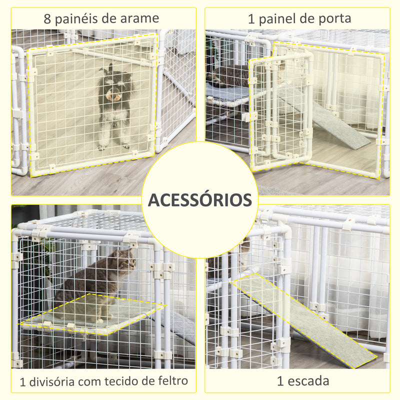 Gaiola Metálica para Animais de Estimação Gaiola para Coelhos com 9 Painéis com Trava e Escada para Cobaias Desenho DIY 68x68,2x2,5cm Branco