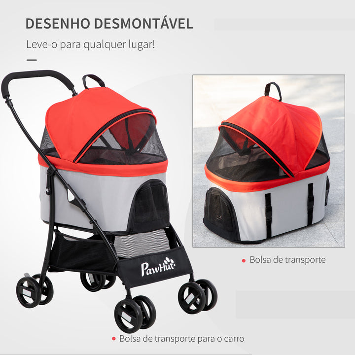 Carrinho para Animais de Estimação 3 em 1 Carrinho para Cães e Gatos Dobrável com Bolsa de Transporte Cesta de Armazenamento e Travão Tecido de Oxford 600D Carga Máxima 15kg 82x49,5x98cm Vermelho