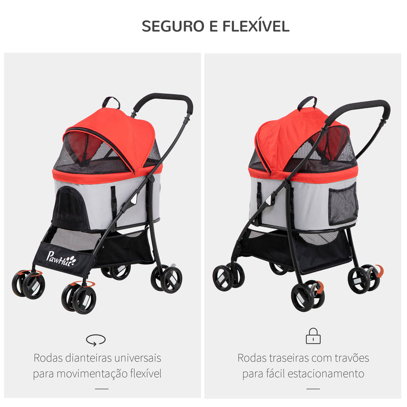 Carrinho para Animais de Estimação 3 em 1 Carrinho para Cães e Gatos Dobrável com Bolsa de Transporte Cesta de Armazenamento e Travão Tecido de Oxford 600D Carga Máxima 15kg 82x49,5x98cm Vermelho