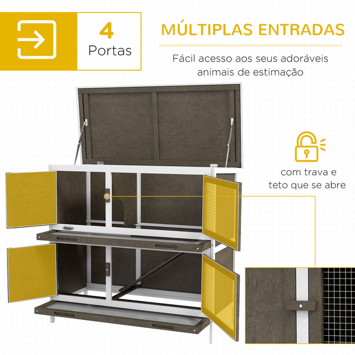 Coelheira de Madeira Gaiola para Coelhos de 2 Pisos 97x44x91 cm com Teto Asfáltico Portas com Trava Bandejas Amovíveis e Rampa para 2 Coelhos Marrom