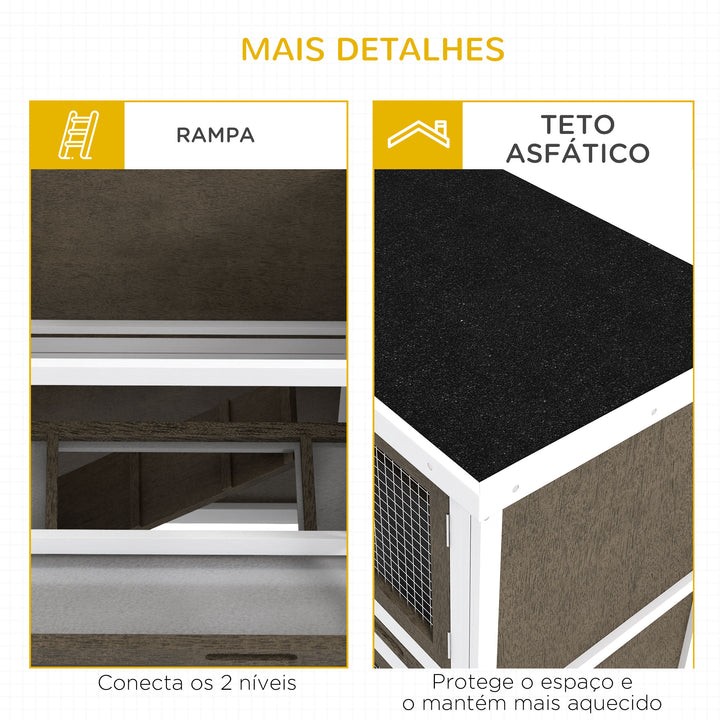 Coelheira de Madeira Gaiola para Coelhos de 2 Pisos 97x44x91 cm com Teto Asfáltico Portas com Trava Bandejas Amovíveis e Rampa para 2 Coelhos Marrom
