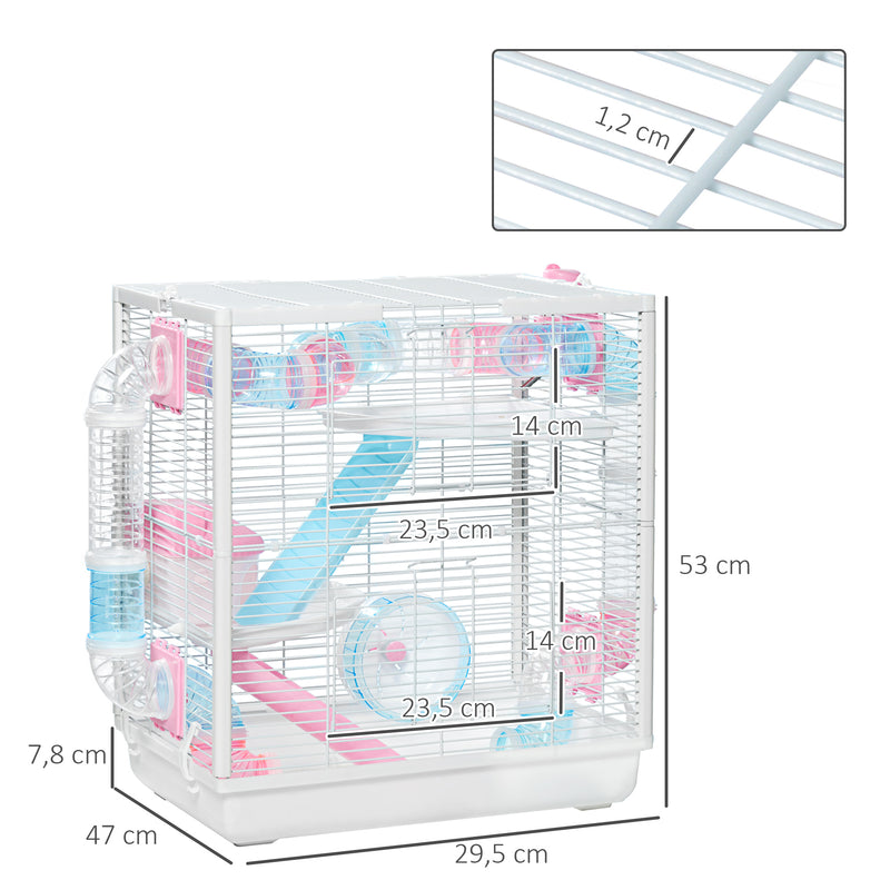 Gaiola para Hamster com Tubos de Túnel 47x29,5x53 cm Casa para hamster com 2 Portas Bandeja Comedouro Casa 2 Rampas e Roda de Exercícios Branco