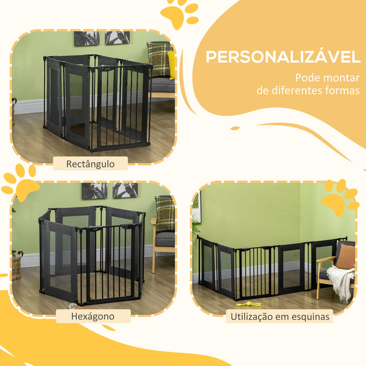Parque Dobrável para Cães de 6 Painéis Barreira de Segurança para Animais de Estimação com Tecido de Oxford Sistema de Fechamento Automático para Cães 117x103x74cm Preto