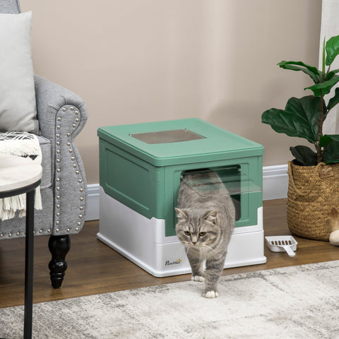 Caixa de Areia para Gatos Dobrável Caixa de Areia para Gatos Fechada com Cobertura Desmontável Bandeja Removível Teto Rebatível Porta de Entrada e Pá 47,5x35,5x36,7cm Verde