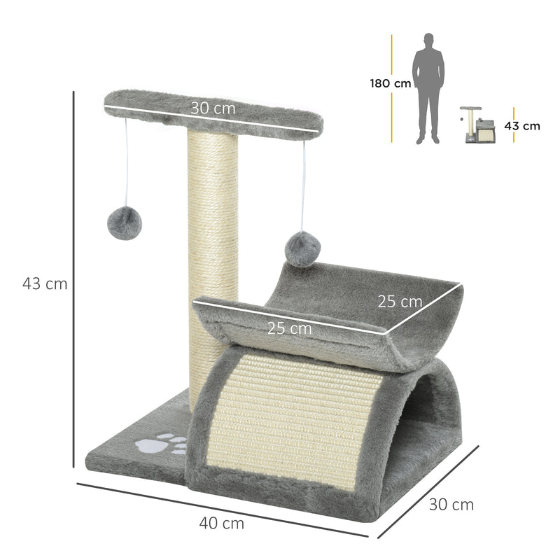 Árvore Arranhador para Gatos Pequena 43 cm Torre para Gatos com Poste Giratório Bolas Suspensas Plataforma Curva e Esconderijo 40x30x43 cm Cinza