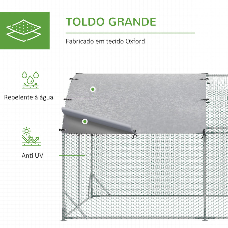 Galinheiro para Exterior Grande 2,8x3,8x1,97m Galinheiro para 6-12 Galinhas de Aço Galvanizado com Teto de Tecido Oxford para Coelhos Aves Prata