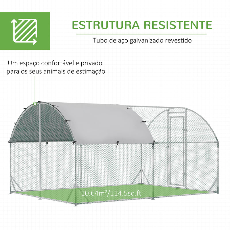 Galinheiro para Exterior Grande 2,8x3,8x1,97m Galinheiro para 6-12 Galinhas de Aço Galvanizado com Teto de Tecido Oxford para Coelhos Aves Prata