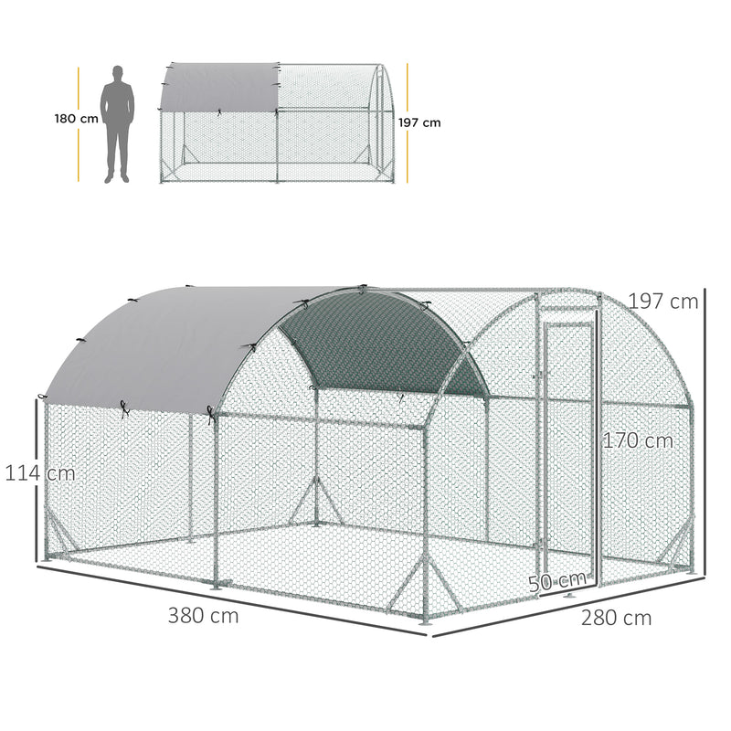 Galinheiro para Exterior Grande 2,8x3,8x1,97m Galinheiro para 6-12 Galinhas de Aço Galvanizado com Teto de Tecido Oxford para Coelhos Aves Prata