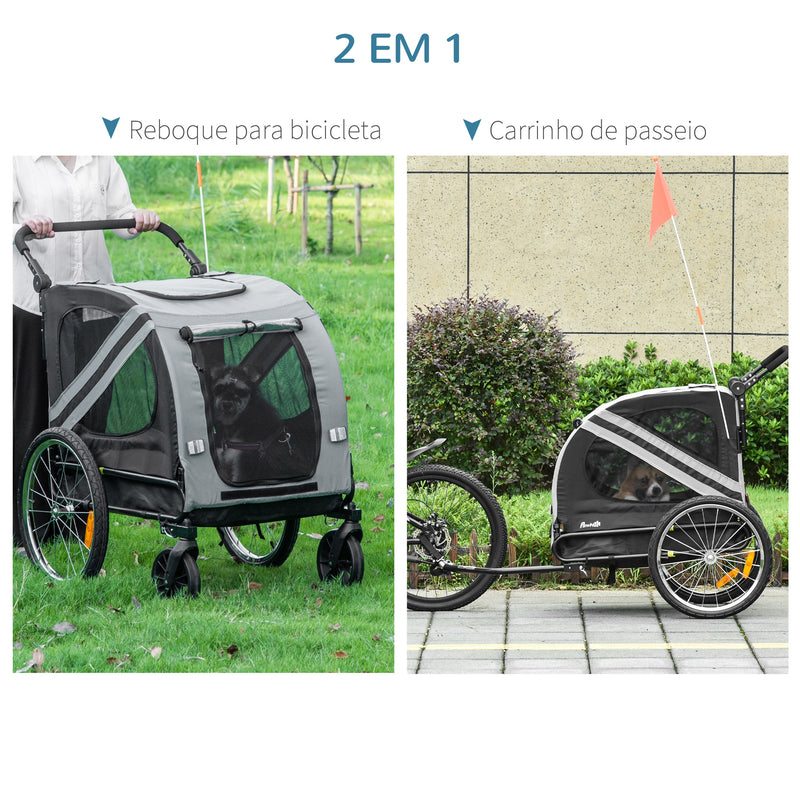 Reboque de Bicicleta para Cães 2 em 1 Transporte para Animais de Estimação com Porta Enrolável Janelas Cinto de Segurança Bandeira e 6 Refletores 134x73x108cm Cinza