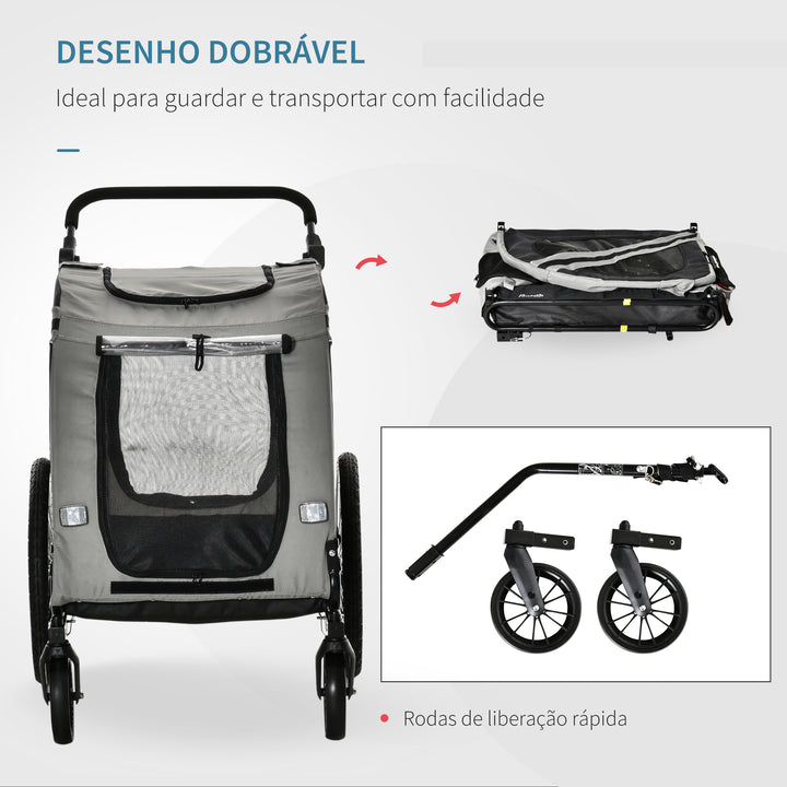 Reboque de Bicicleta para Cães 2 em 1 Transporte para Animais de Estimação com Porta Enrolável Janelas Cinto de Segurança Bandeira e 6 Refletores 134x73x108cm Cinza