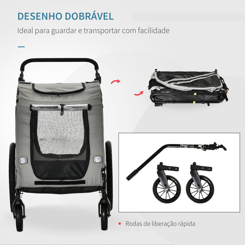 Reboque de Bicicleta para Cães 2 em 1 Transporte para Animais de Estimação com Porta Enrolável Janelas Cinto de Segurança Bandeira e 6 Refletores 134x73x108cm Cinza