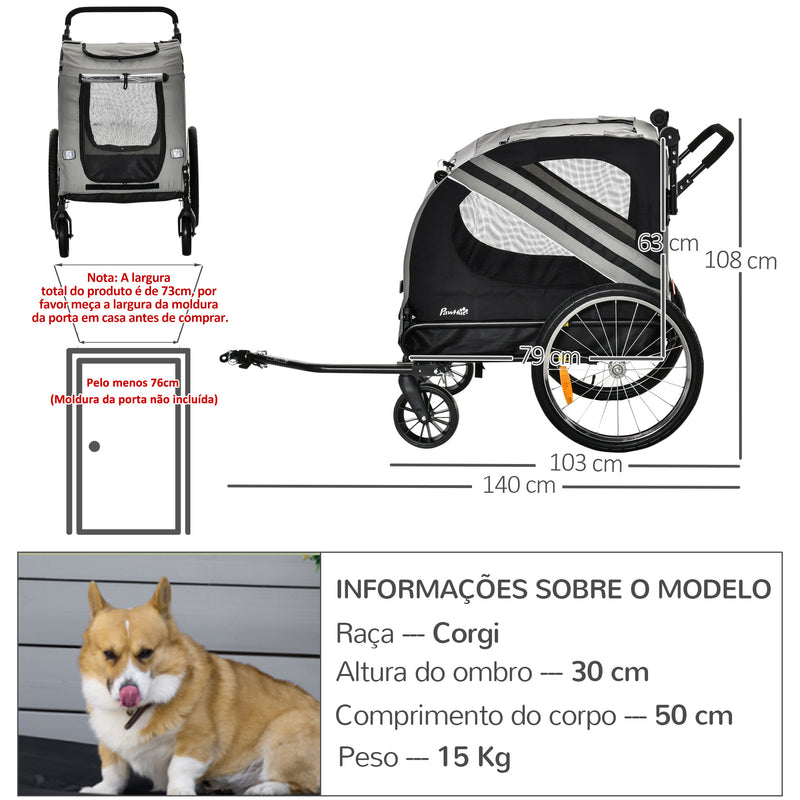 Reboque de Bicicleta para Cães 2 em 1 Transporte para Animais de Estimação com Porta Enrolável Janelas Cinto de Segurança Bandeira e 6 Refletores 134x73x108cm Cinza