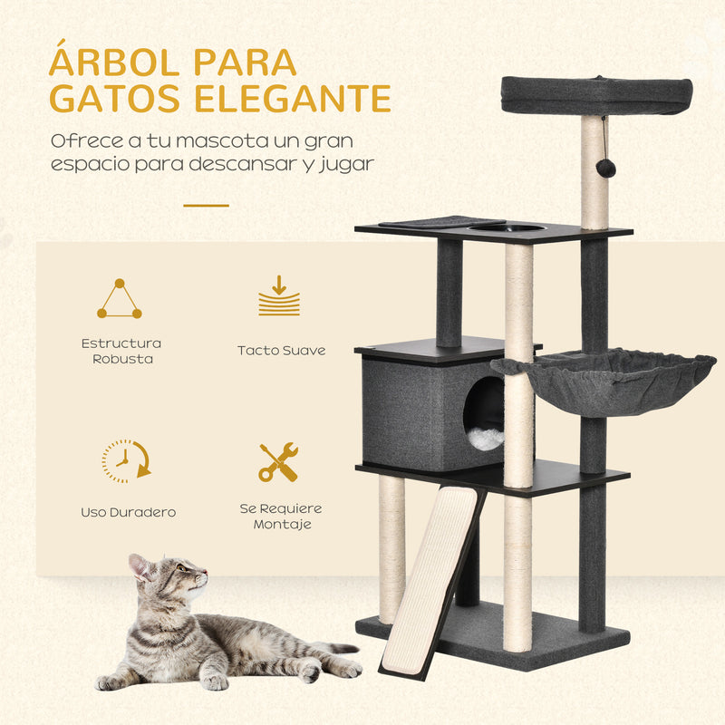 Árvore para Gatos Grande Altura 146cm com Plataformas Caverna de Feltro Removível Postes Arranhadores de Sisal Rede Almofadas Laváveis Rampa e Bola de Brinquedo 60x40x146cm Cinza Escuro