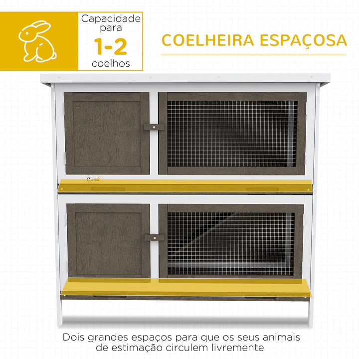 Coelheira de Madeira Gaiola para Coelhos de 2 Pisos 97x44x91 cm com Teto Asfáltico Portas com Trava Bandejas Amovíveis e Rampa para 2 Coelhos Marrom