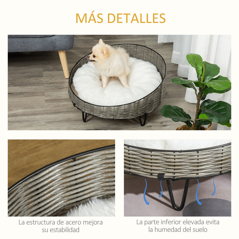 Cama para Cães Gatos de Vime Redonda Cama de Vime para Animais de Estimação Pequenos com Almofada Lavável e Pés Elevados Aço Ø60x32cm Cinza Branco