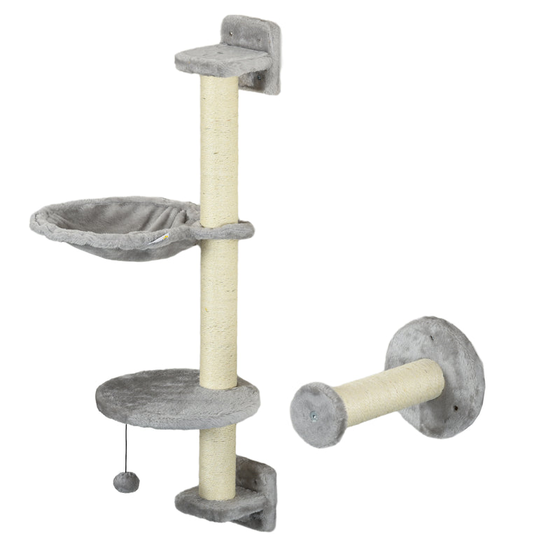 Prateleiras de Escalada para Gatos de Parede Conjunto de Prateleiras para Gatos 4 Peças com Rede Bola Plataformas de Saltar Poste de Sisal e Escada 84,5x19x54 cm Cinza e Bege