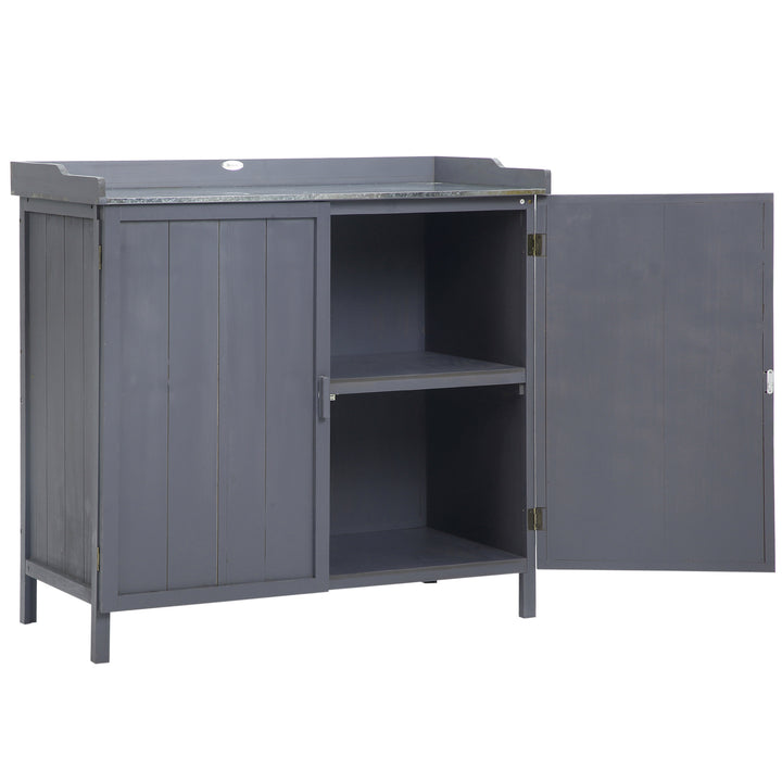 Armário de Jardim de Madeira com Mesa de Plantação Armário de Exterior com 2 Portas com Fechadura Magnética e 2 Prateleiras para Terraço Balcão 98x48x95,5cm Cinza