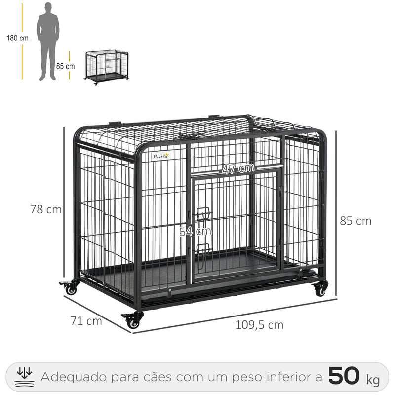 Gaiola de metal dobrável para cães com rodas e freios Bandeja removível e porta com travas 109,5x71x78 cm Cinza escuro