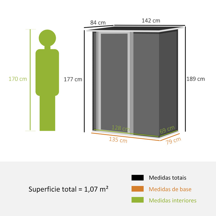 Abrigo de Jardim 1,07m² 142x84x189cm Abrigo de Jardim de Aço Galvanizado com Porta Fechadura e Orifícios de Drenagem para Armazenamento de Ferramentas Cinza