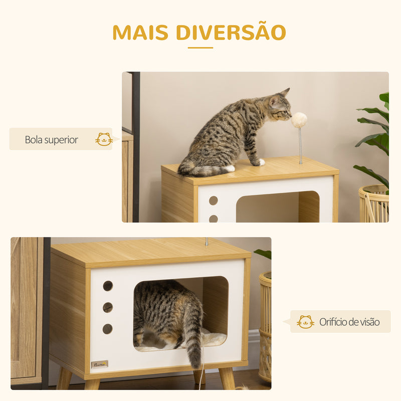 Mesa Auxiliar Cama Caverna para Gatos com Estilo Televisor Casa para Gatos com Almofada Suave Lavável Bola e Pés Elevados 50x28x43cm Carvalho