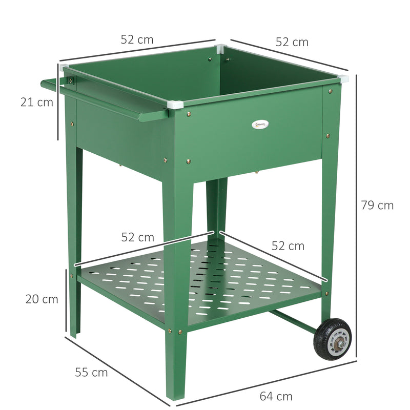 Horta Vertical Elevada com Rodas Floreira de Exterior de Aço Galvanizado 64x55x79 cm com Prateleira e Alça Lateral para Cultivo de Plantas Flores Verduras Verde