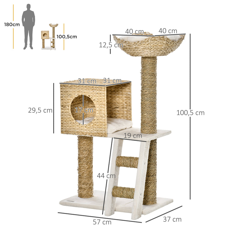 Arranhador para Gatos Médio Altura 100,5cm Arranhador para Gatos com Cama Superior Caverna 2 Almofadas 2 Postes Escada 57x37x100,5cm Bege