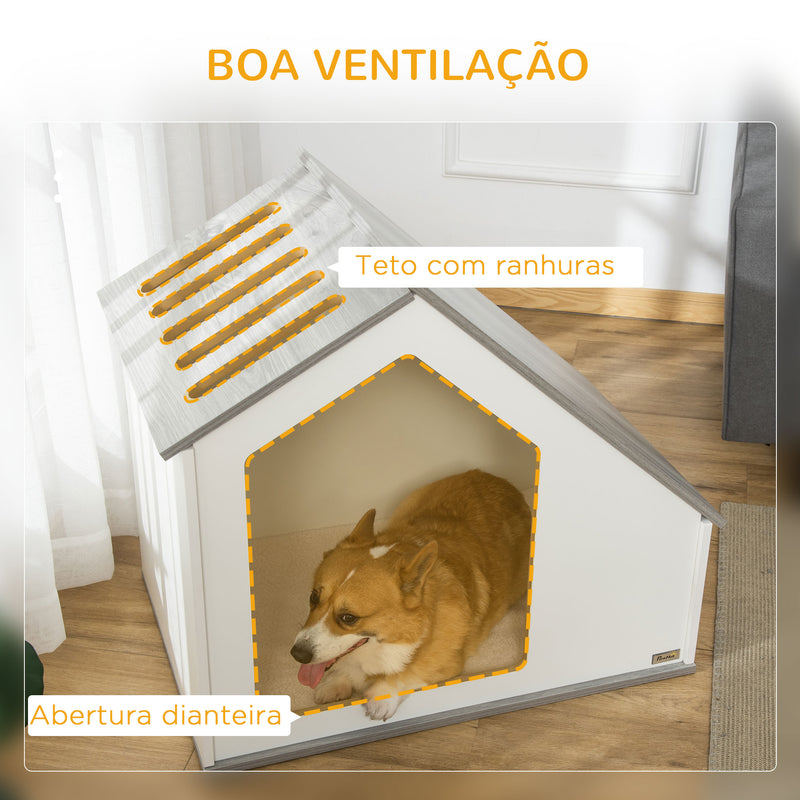 Casa de Madeira para Cães de Interior Casa para Animais de Estimação com Almofada Removível e Lavável com 5 Ventilações 84,5x54,5x75 cm Branco