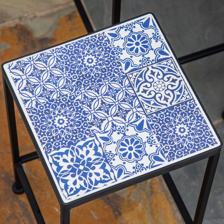 Suporte para Vasos de Metal 3 Peças Empilháveis Suporte para Plantas com Bancada de Azulejo Decorativa para Interiores e Exteriores 31,5x31,5x60,5 cm Azul e Preto