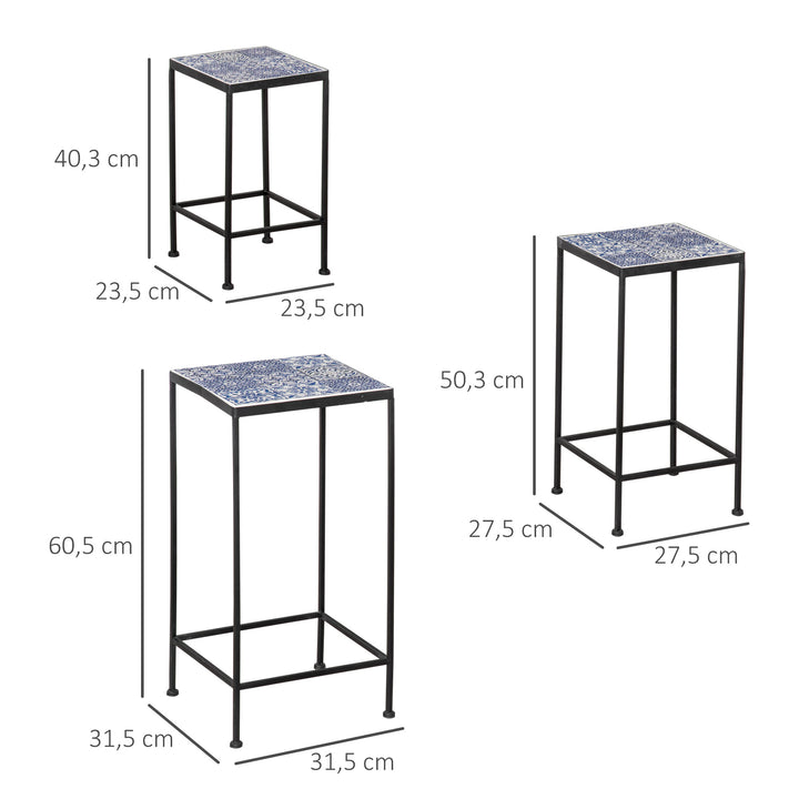 Suporte para Vasos de Metal 3 Peças Empilháveis Suporte para Plantas com Bancada de Azulejo Decorativa para Interiores e Exteriores 31,5x31,5x60,5 cm Azul e Preto