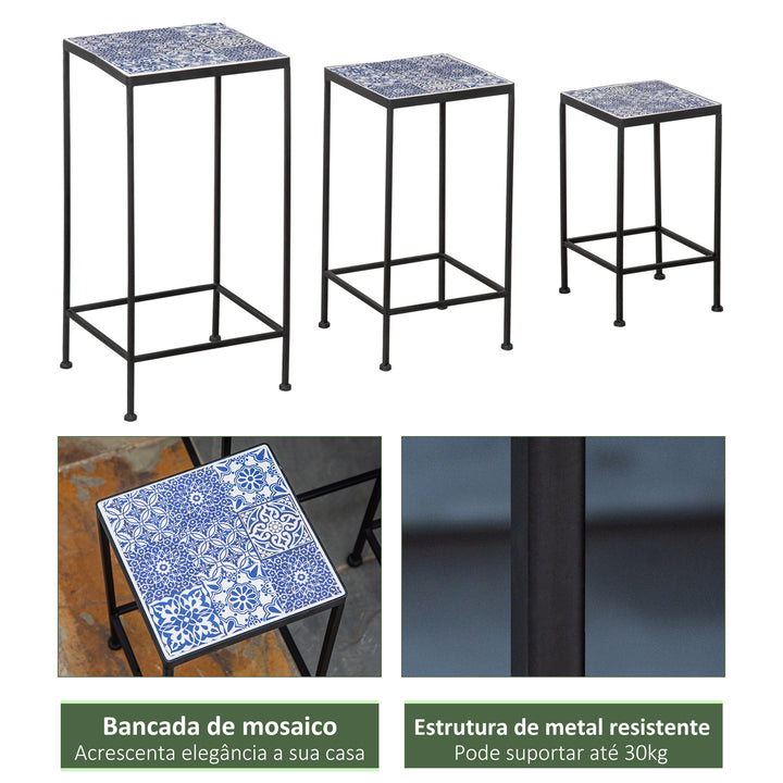 Suporte para Vasos de Metal 3 Peças Empilháveis Suporte para Plantas com Bancada de Azulejo Decorativa para Interiores e Exteriores 31,5x31,5x60,5 cm Azul e Preto